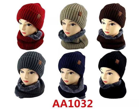 Wholesale Knit Cable Beanie Hats W/Fur Pom And Fur Infinity Scarf 2 PC Set, AA1032