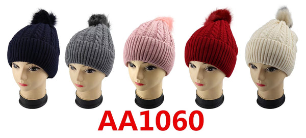 Lady Winter Cable Knitted Cuffed Hat Beanies Skull Cap Fur Lining W/Fur Pom AA1060