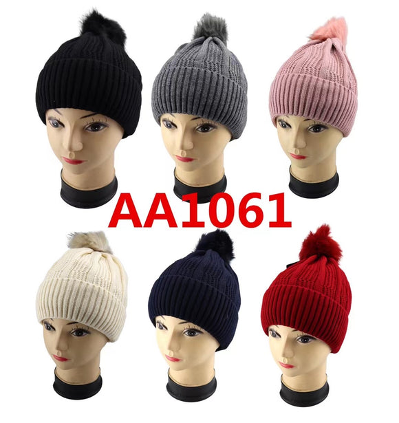 Lady Winter Cable Knitted Cuffed Hat Beanies Skull Cap Fur Lining W/Fur Pom AA1061