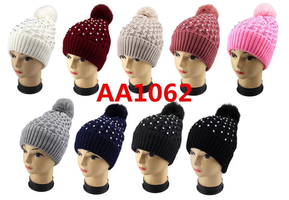 Lady Winter Cable Knitted Long Cuffed Hat Beanies Fur Lining W/Fur Pom And Stone AA1062