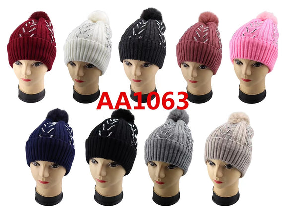 Lady Winter Cable Knitted Long Cuffed Hat Beanies Fur Lining W/Fur Pom And Stone AA1063