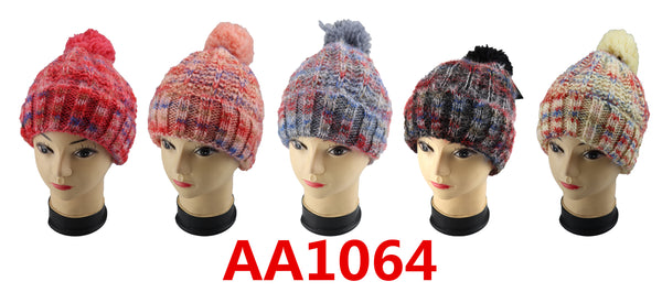 Lady Winter Cable Knitted Long Cuffed Hat Beanies Skull Cap Fur Lining W/Fur Pom AA1064