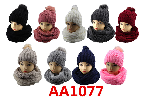 Wholesale Knit Cable Beanie Hats W/Fur Pom And Fur Infinity Scarf 2 PC Set, AA1077