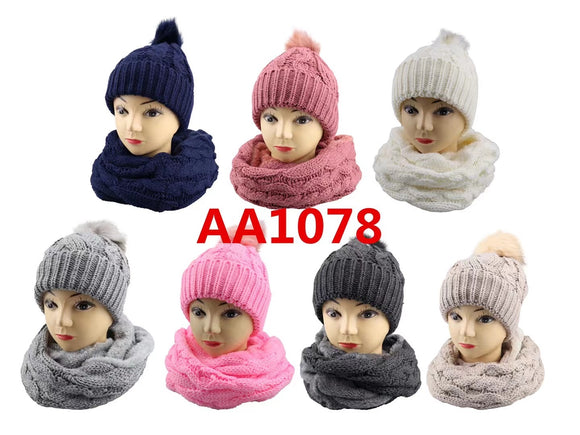 Wholesale Knit Cable Beanie Hats W/Fur Pom And Fur Infinity Scarf 2 PC Set, AA1078