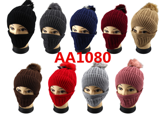 Fur Pom Pom Knit Hat With Removable Face Mask, AA1080
