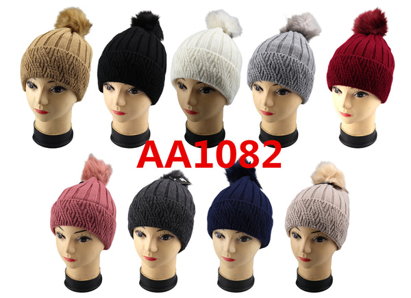Winter Cable Knitted Cuffed Hat Beanies Skull Cap Fur Lining W/Fur Pom AA1082