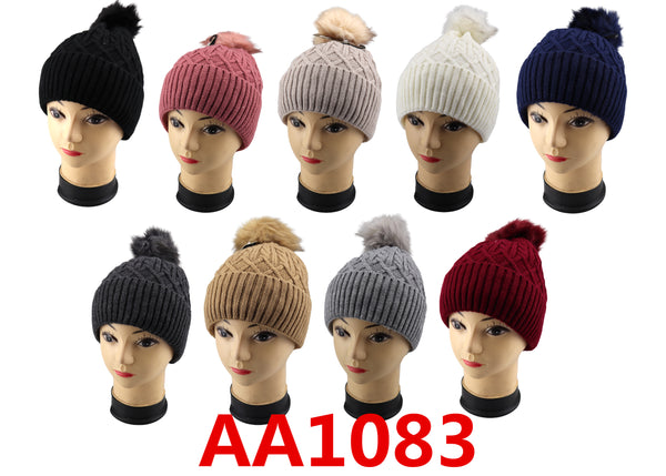 Winter Cable Knitted Cuffed Hat Beanies Skull Cap Fur Lining W/Fur Pom AA1083