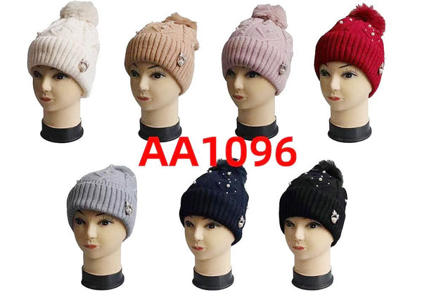 Lady Winter Cable Knitted Long Cuffed Hat Beanies Fur Lining W/Fur Pom And Stone AA1096