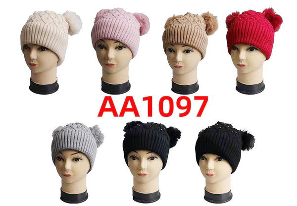 Lady Winter Cable Knitted Long Cuffed Hat Beanies Fur Lining W/ Two Poms And Stone AA1097