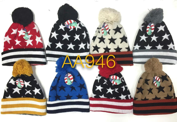 Long Cuffed Beanie Knit Skully Star Stripe Hats W/Pom AA946