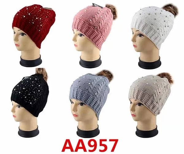 Lady Winter Cable Knitted Long Cuffed Hat Beanies Fur Lining W/Fur Pom And Stone AA957