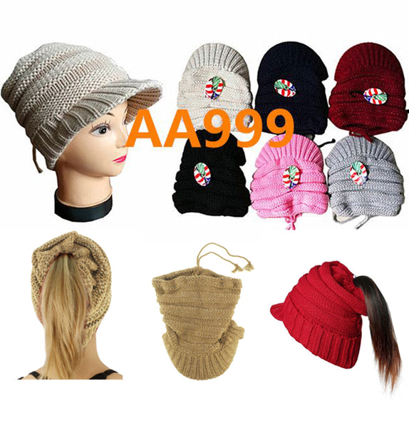 Women Girl Winter Ribbed Knitted Hat Open Top Ponytail Visor Beanies Cap Fur Lining AA999 - OPT FASHION WHOLESALE