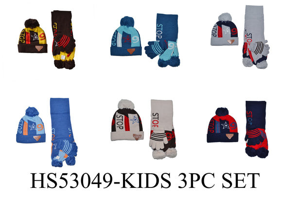 Wholesale Kids Boys 3 Pieces Set Winter Knit Hats Scarf Gloves Pom Cuffed Long Beanie Cap, HS53049 - OPT FASHION WHOLESALE