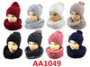 Wholesale Knit Cuffed Cable Beanie Hats W/Fur Pom And Fur Infinity Scarf 2 PC Set, AA1049 - OPT FASHION WHOLESALE