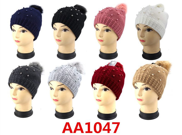 Wholesale Lady Cable Fur Pom Knit Beanie Hats AA1047 - OPT FASHION WHOLESALE