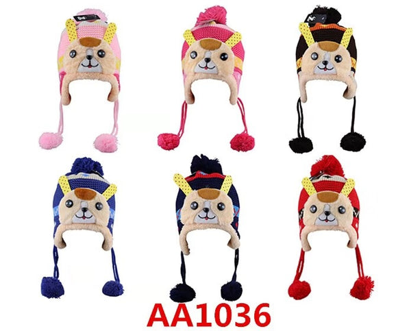 Kids Boys Girls Animal Winter Warm Hats Caps Fur Lining W/Earflap AA1036 - OPT FASHION WHOLESALE