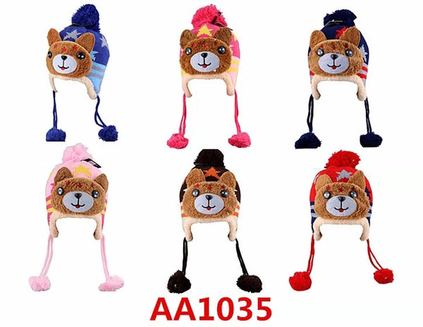 Kids Boys Girls Animal Winter Warm Hats Caps Fur Lining W/Earflap AA1035 - OPT FASHION WHOLESALE